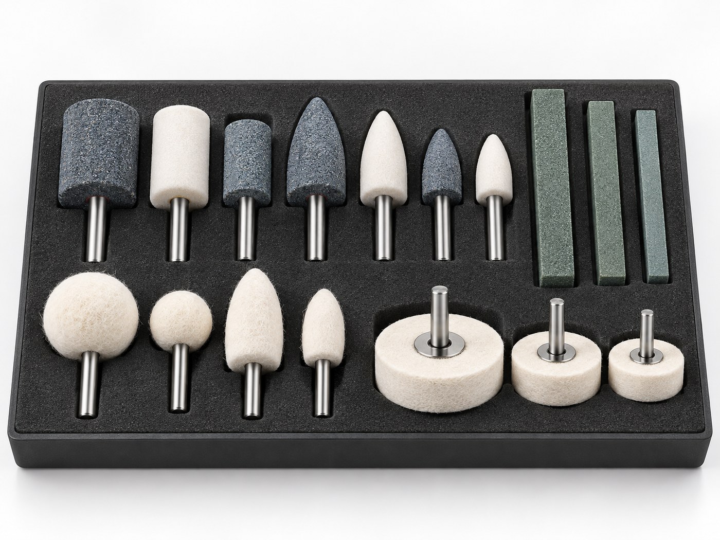 Matched dry polishing tool kit with mounted points, stones and felt tools