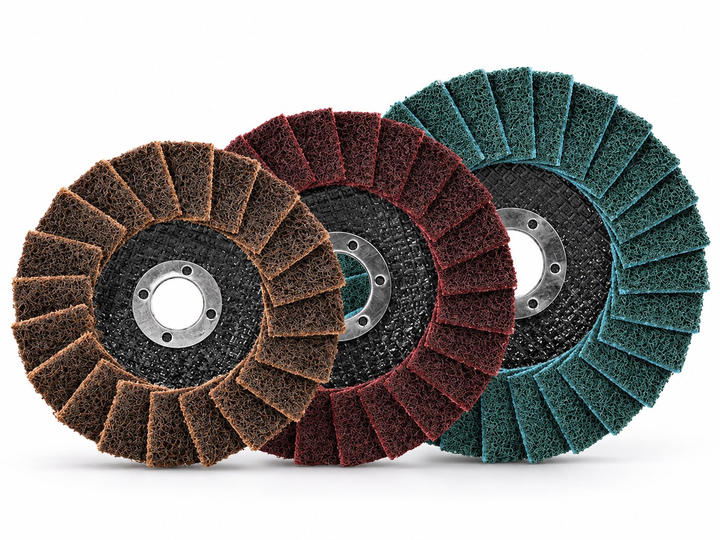 Brown, burgundy and teal non-woven flap discs