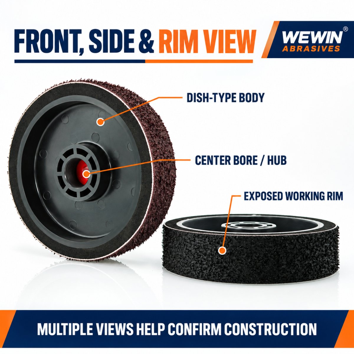 Front, side and exposed working rim views of a flexible REZ diamond polishing wheel