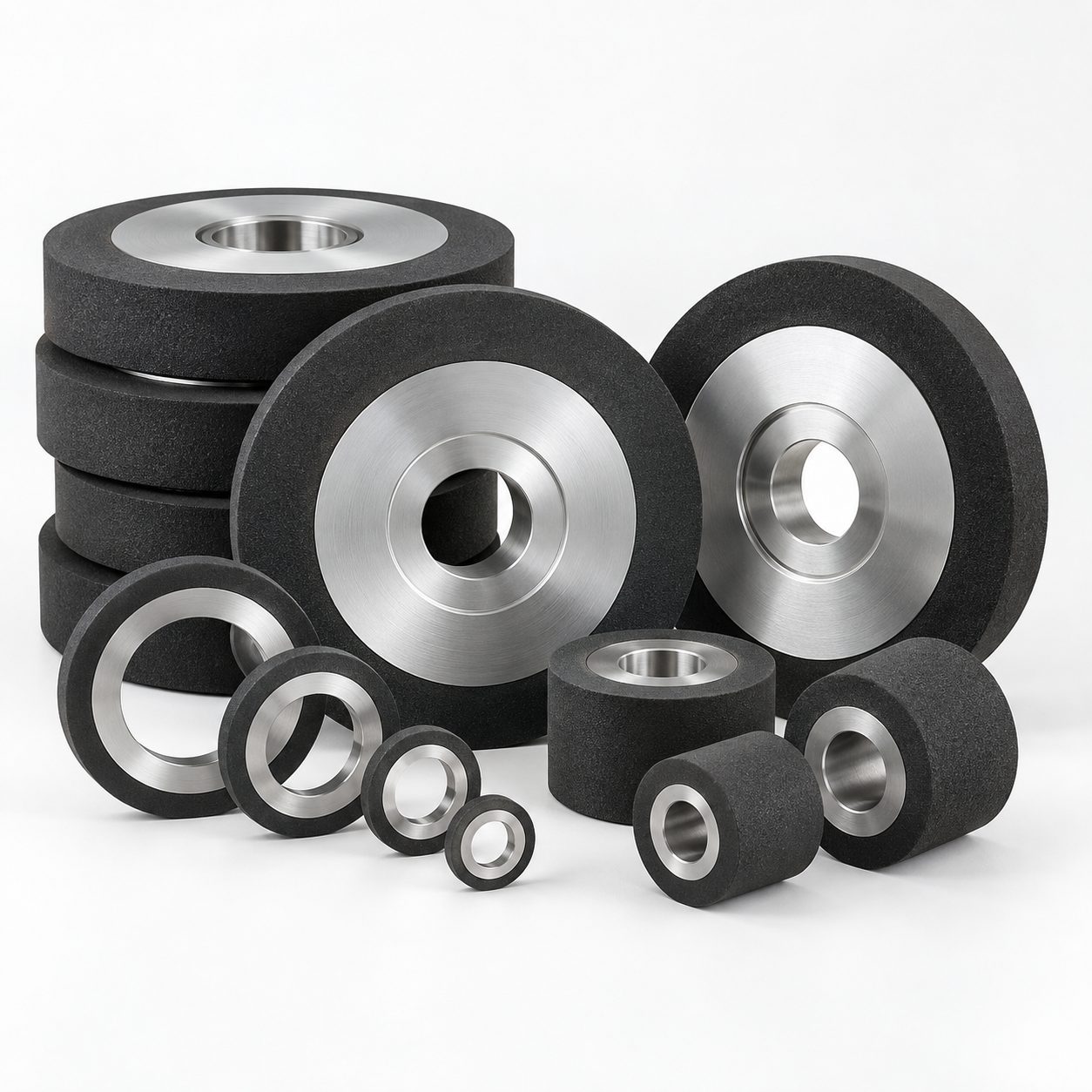 Vitrified-bond CBN internal and groove grinding wheel family with central bores