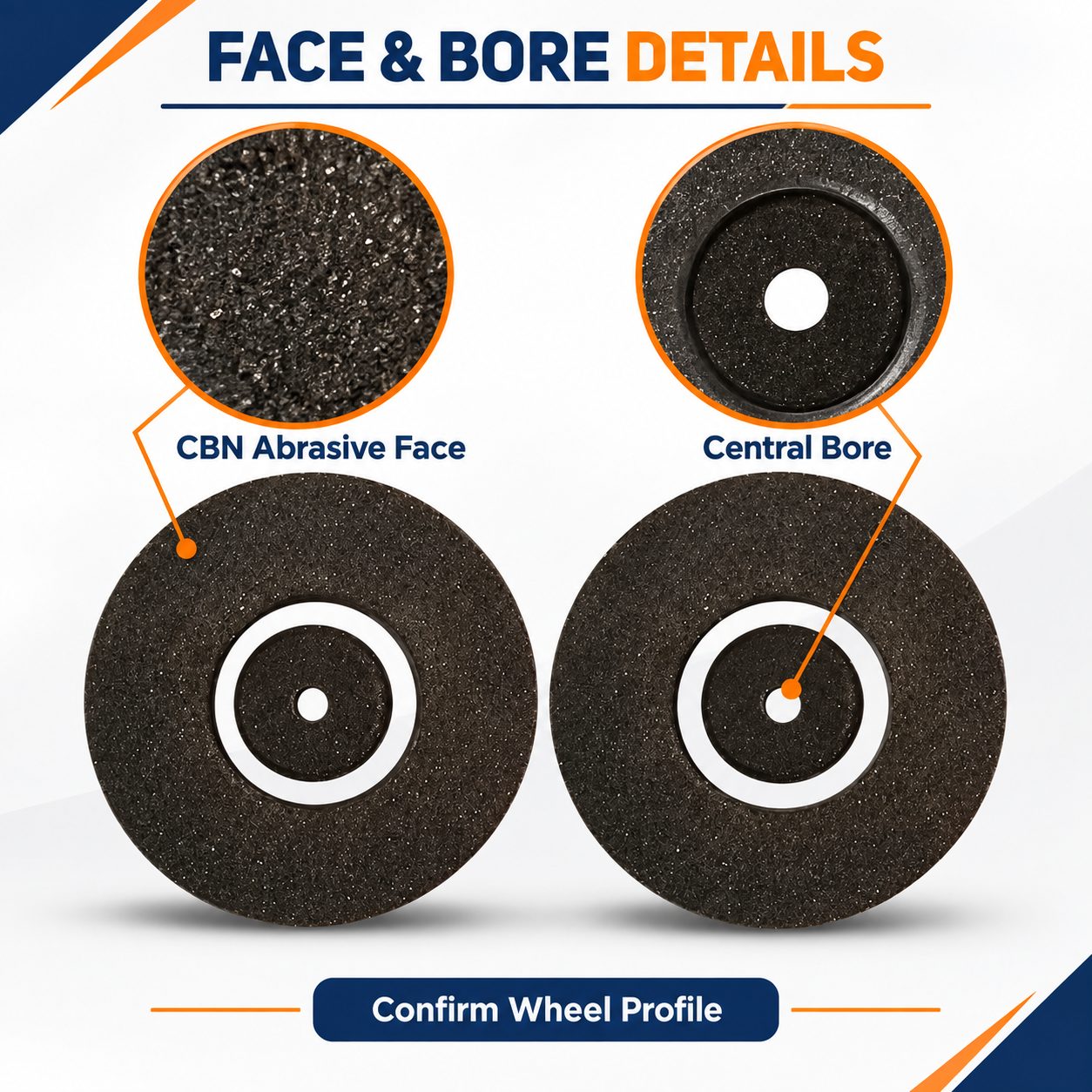 Close views of the CBN abrasive face and central bore on internal grinding wheels