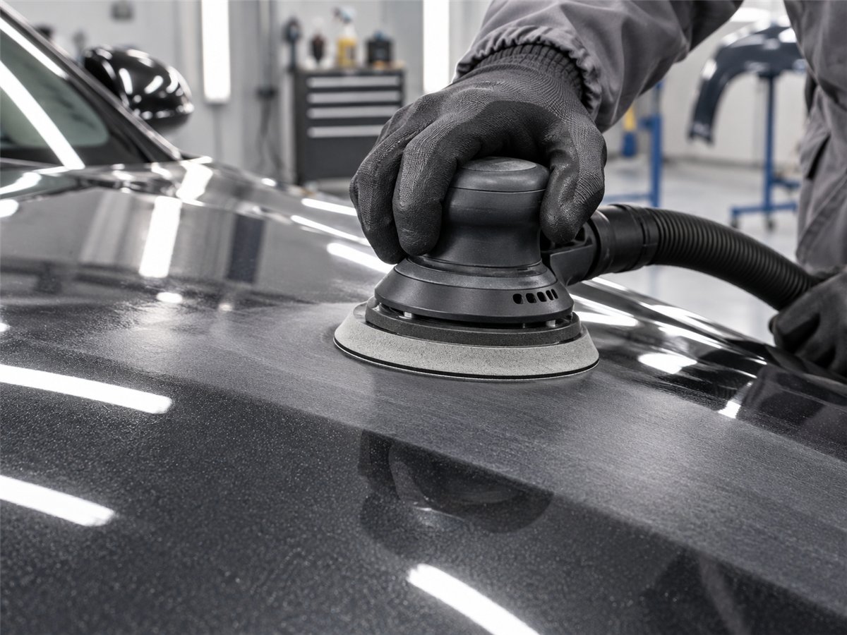 Foam-backed sanding disc on an orbital sander refining an automotive paint surface