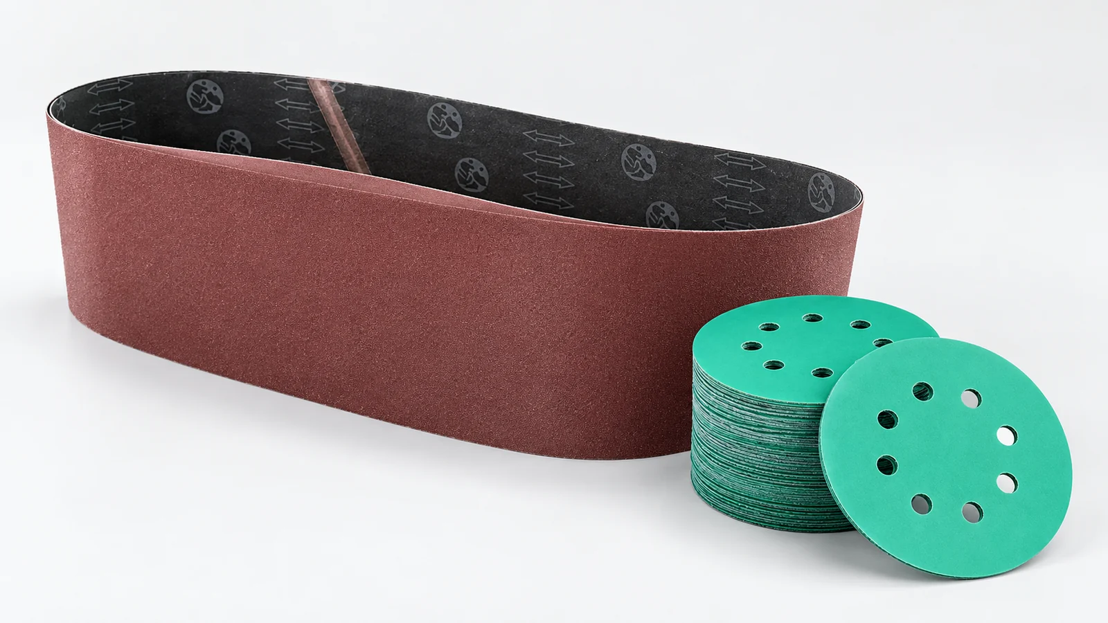 Custom industrial wide sanding belt with green perforated zirconia film sanding discs