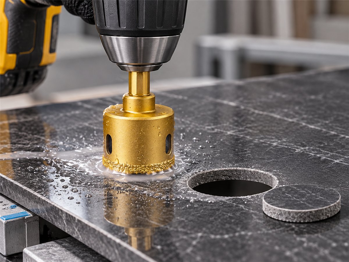 Vacuum-brazed diamond hole saw drilling a clean opening in a tile slab