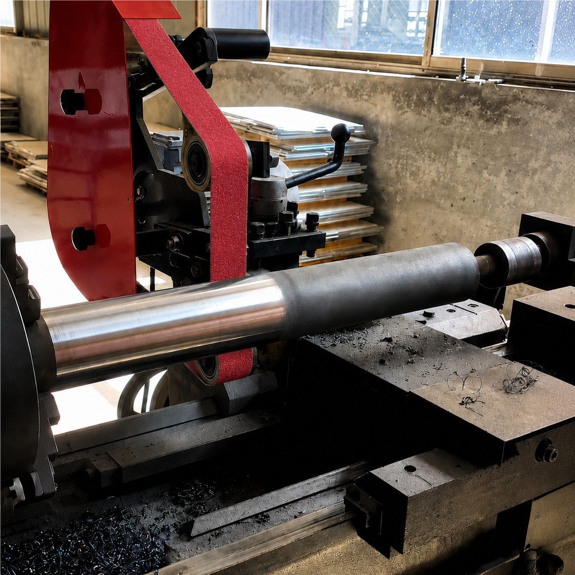 Ceramic sanding belt grinding a metal cylinder in a fabrication workshop