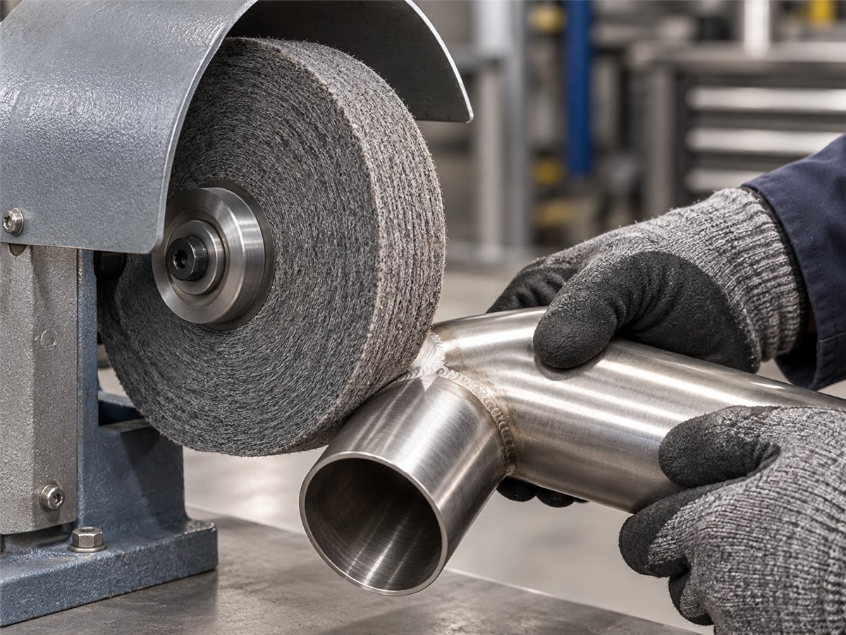 Non-woven unitized wheel on a fixed spindle blending a weld on stainless steel tubing