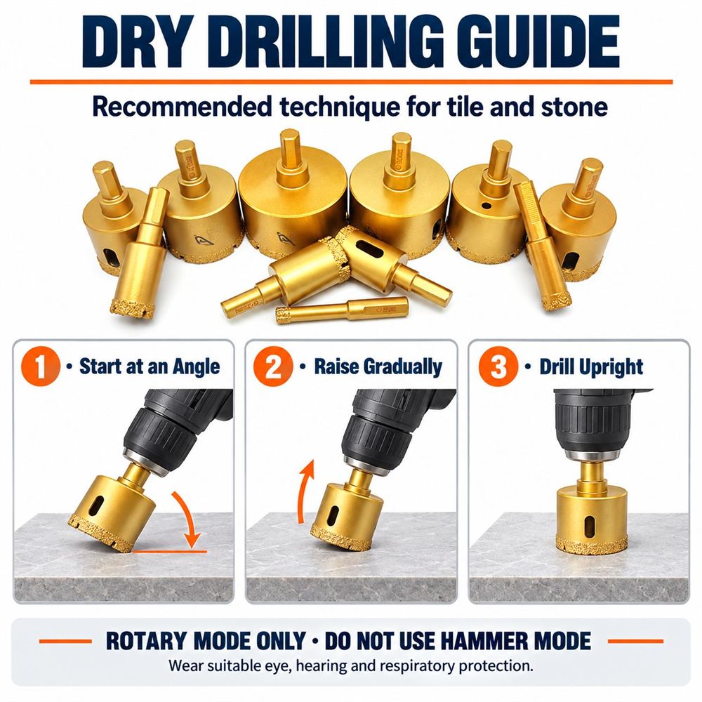 Dry drilling method for vacuum-brazed diamond hole saws using rotary mode without hammer action