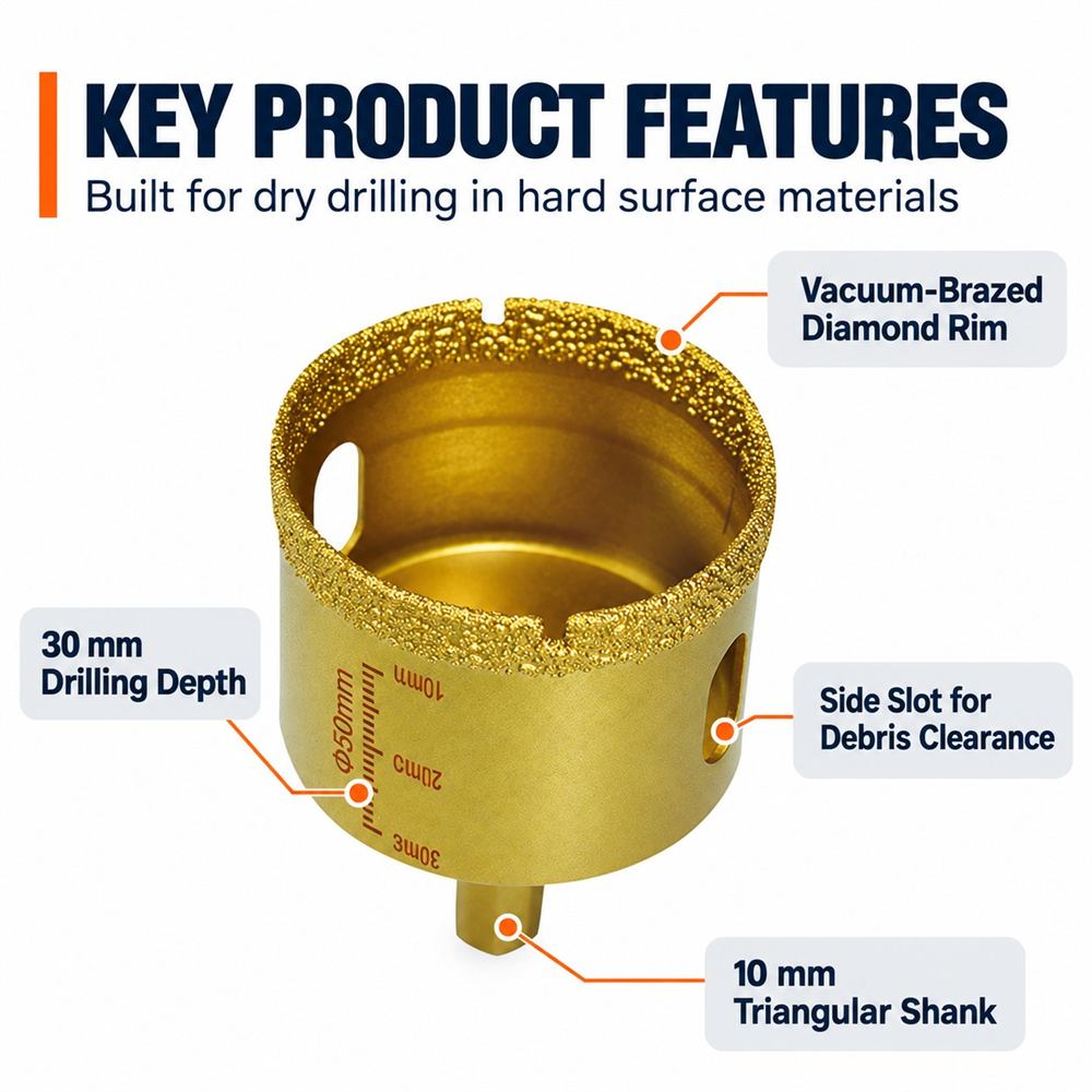 Vacuum-brazed diamond hole saw showing 30 mm drilling depth, 10 mm triangular shank and debris-clearance slot