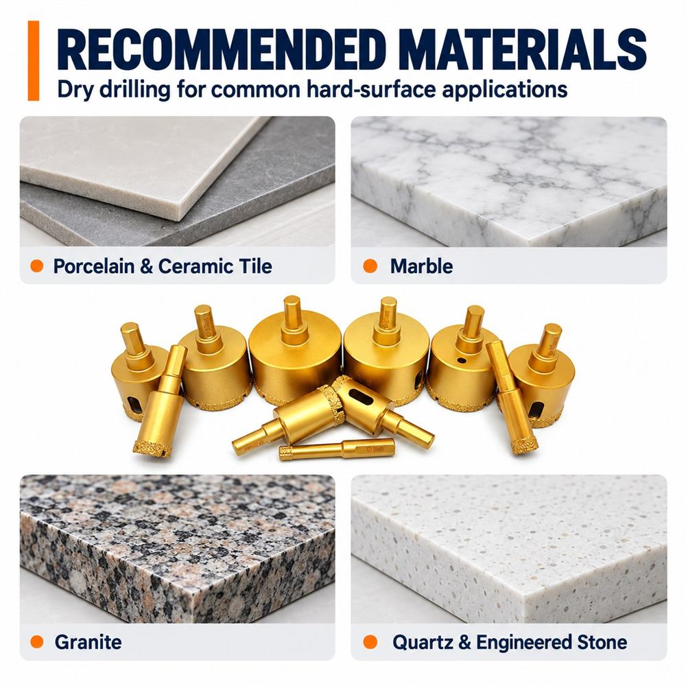Recommended materials for vacuum-brazed diamond hole saws including tile, marble, granite and engineered stone