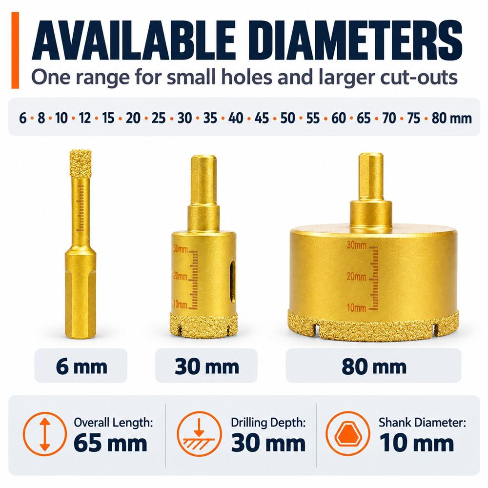 Vacuum-brazed diamond hole saw diameter range from 6 to 80 mm with verified overall length and drilling depth
