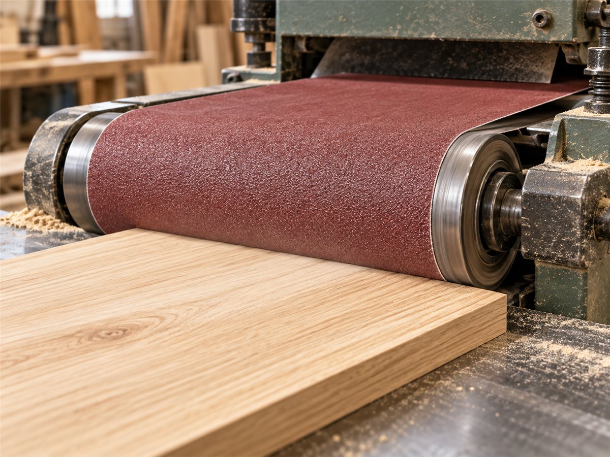 Wide sanding belt smoothing a solid wood panel in an industrial woodworking machine