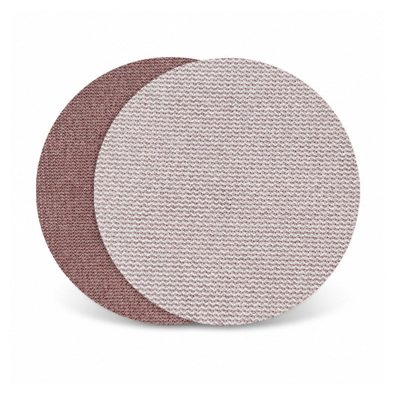 Front and backing views of 100 mm hook-and-loop mesh sanding discs