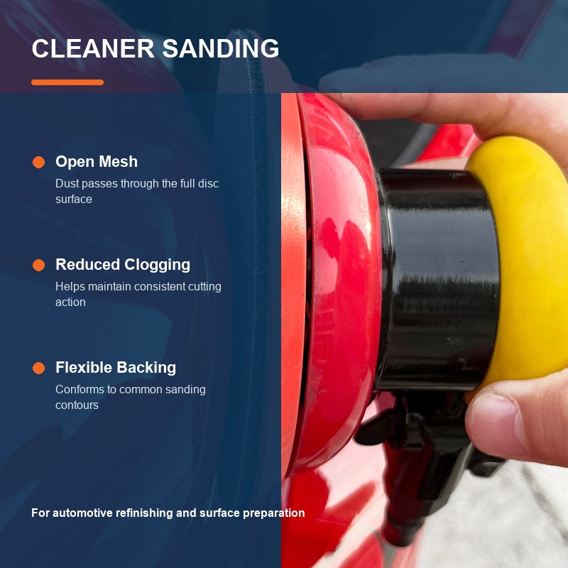 Open-mesh sanding disc used for automotive refinishing and surface preparation
