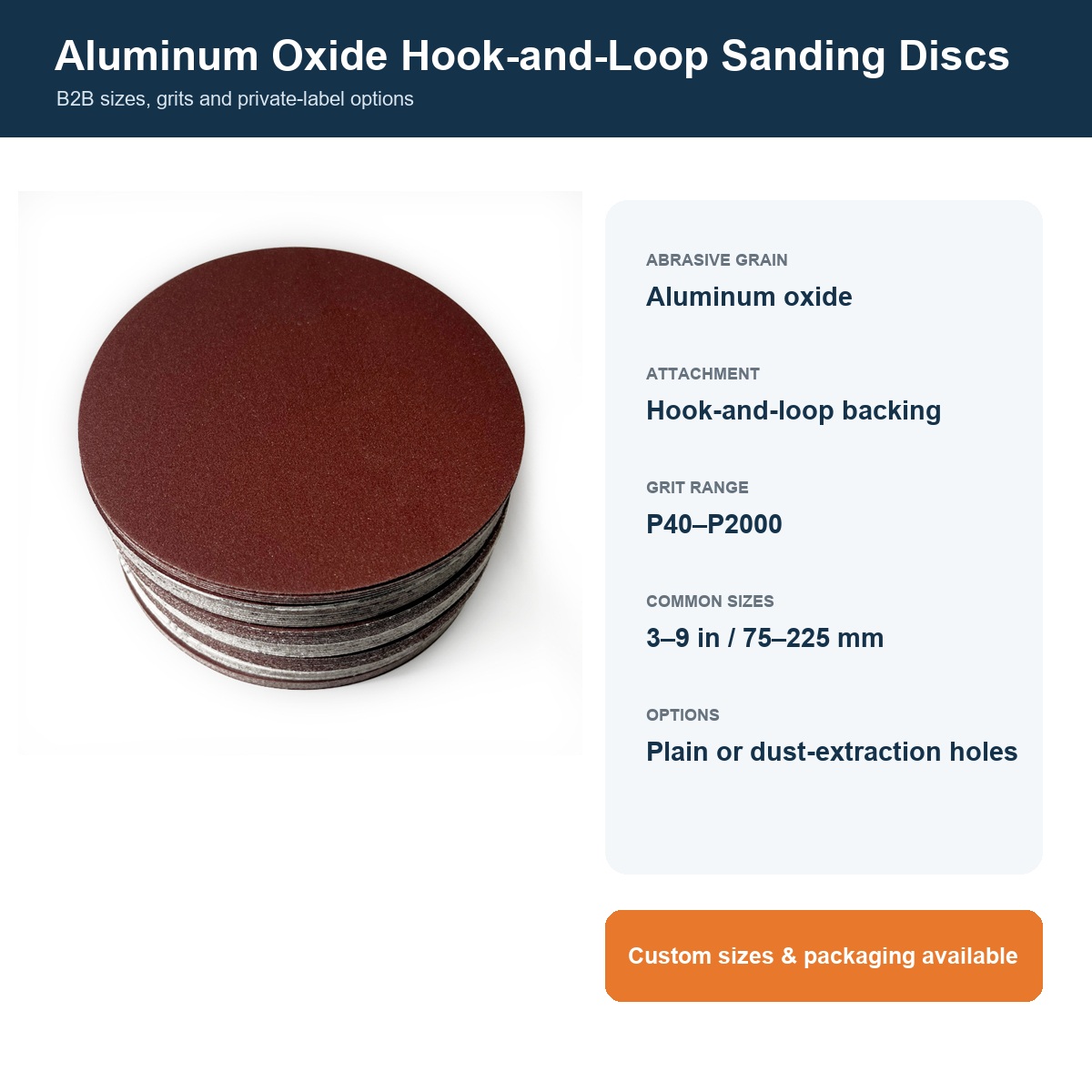 Aluminum oxide hook-and-loop sanding disc construction and available options