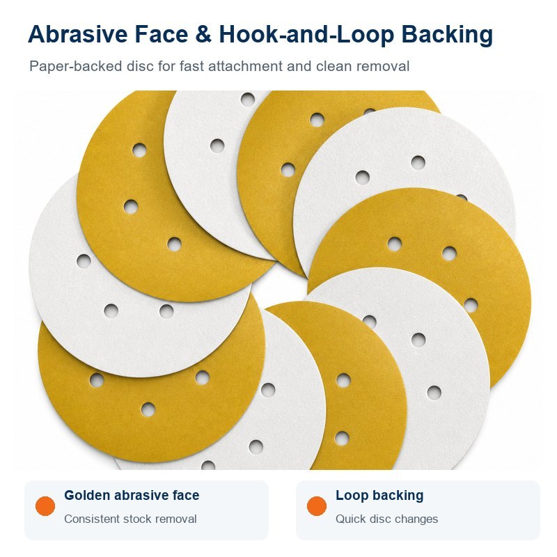 Golden abrasive face and white hook-and-loop backing of six-hole paper sanding discs