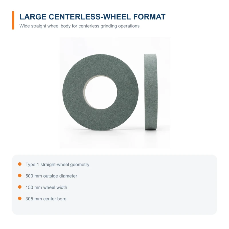 Front and side geometry of a 500 by 150 by 305 mm centerless grinding wheel