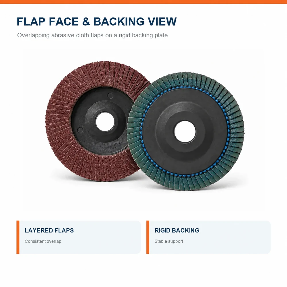 Front and backing views of 100 mm flat flap discs
