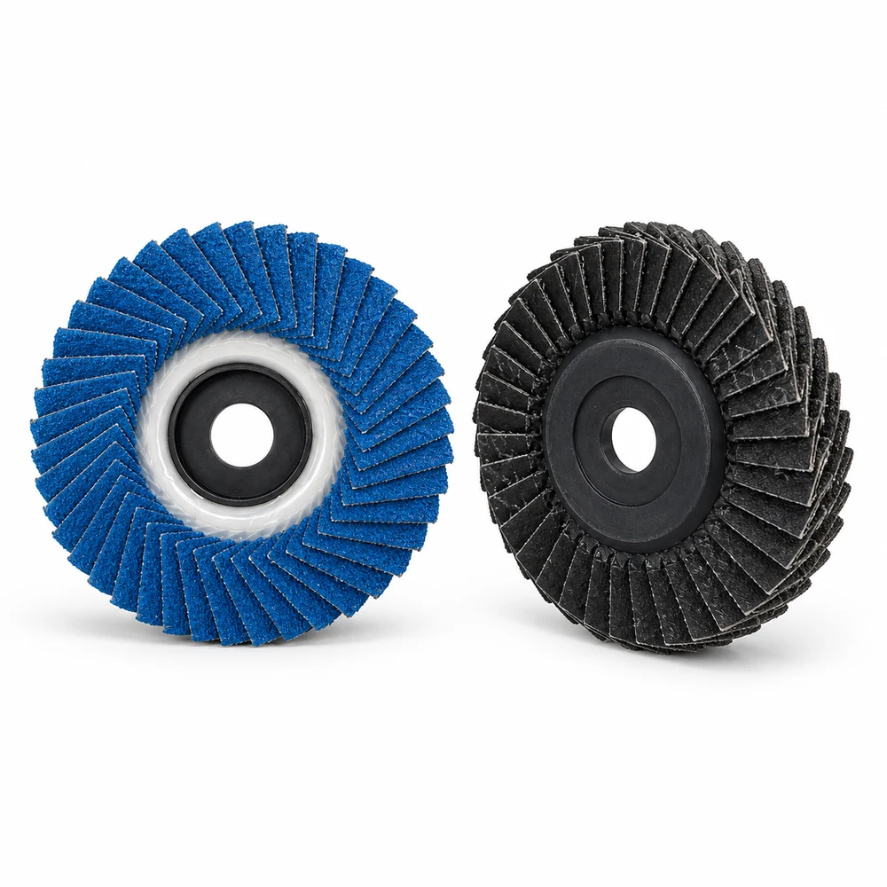 Clean product view of blue and black flower-shaped flap wheels