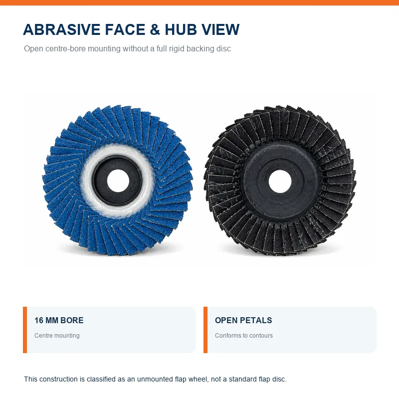 Front and back views of flower-shaped flap wheels with 16 mm bore