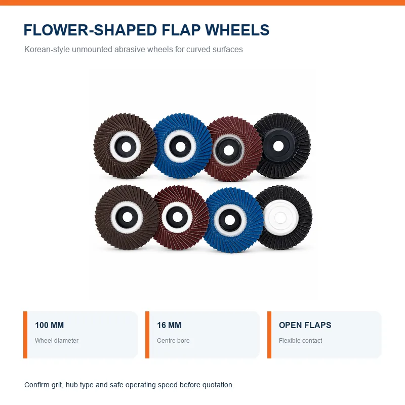 100 mm flower-shaped unmounted flap wheels in multiple abrasive options