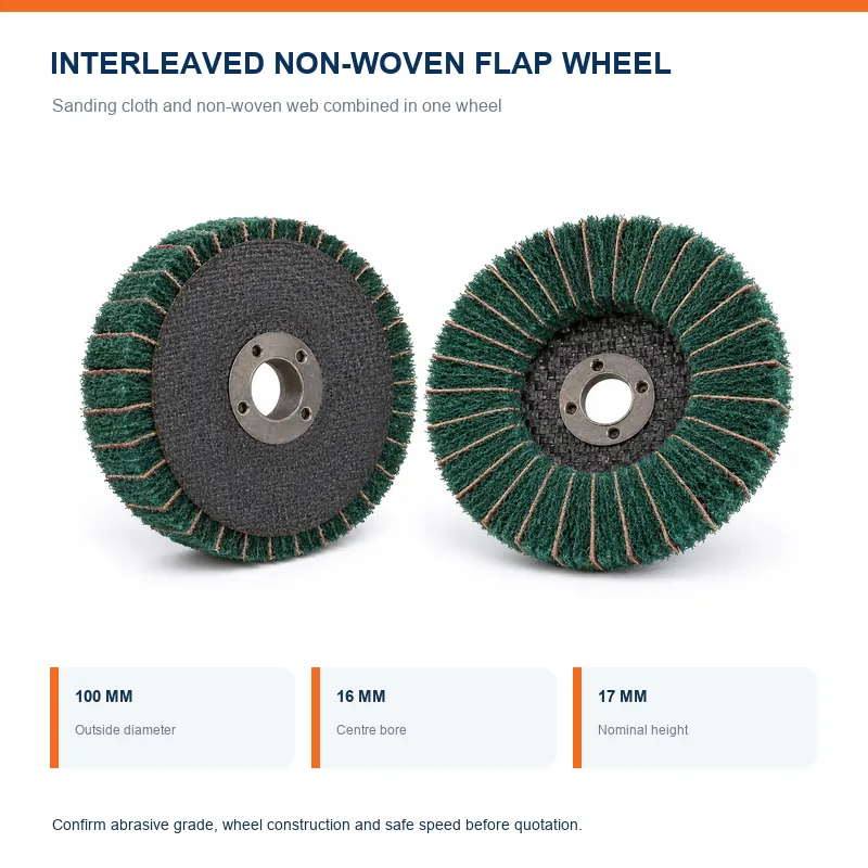 WW-IW100 interleaved non-woven flap wheel with front and rear views