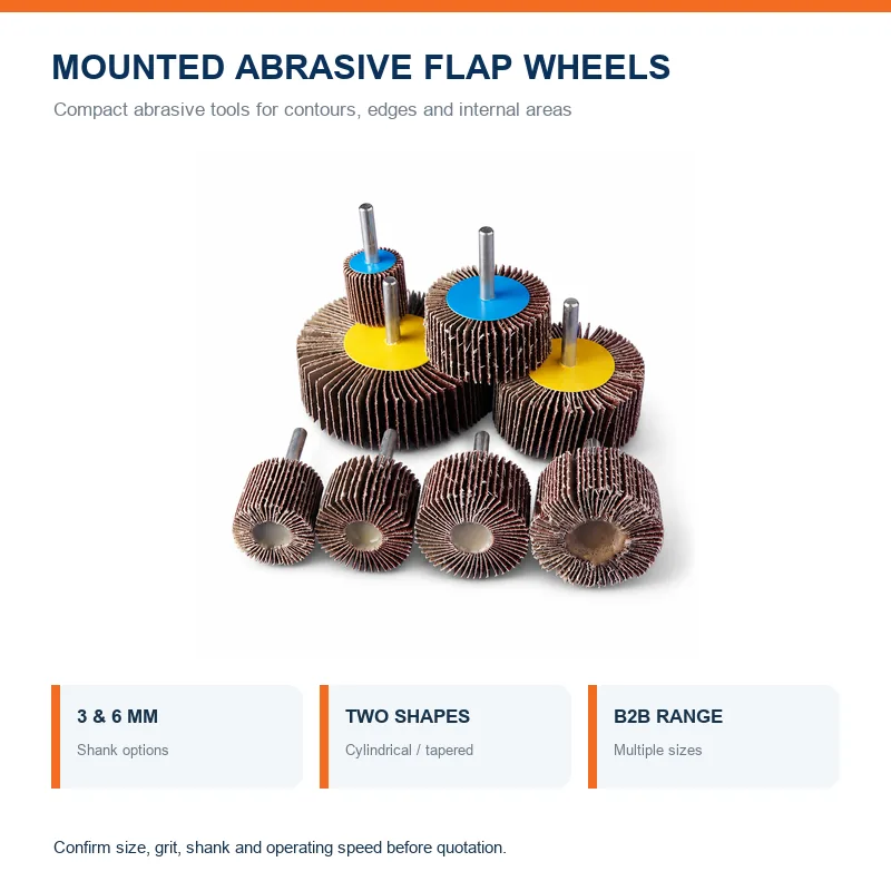 Mounted abrasive flap wheels with cylindrical and tapered profiles
