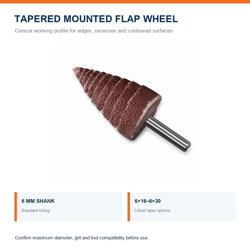 Tapered mounted abrasive flap wheel with 6 mm shank