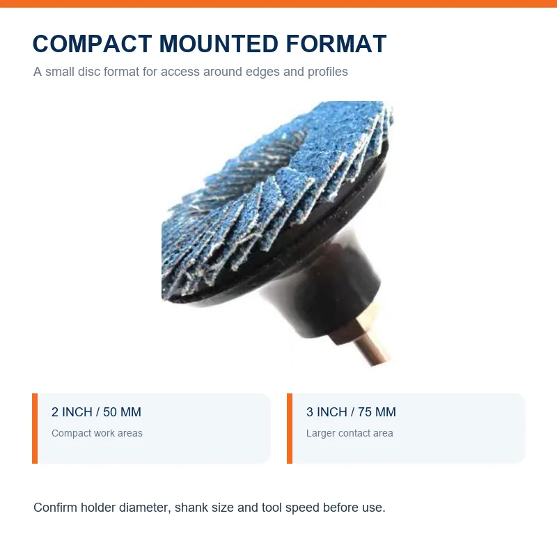 Compact button-type flap disc installed on a compatible holder