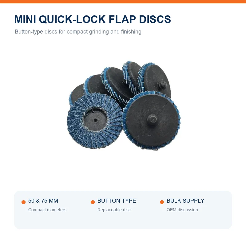 Button-type mini quick-lock flap discs in 50 mm and 75 mm diameters