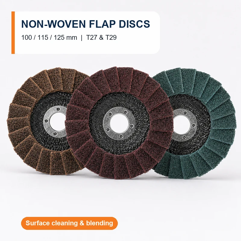 Non-woven flap discs in coarse, medium and fine color options