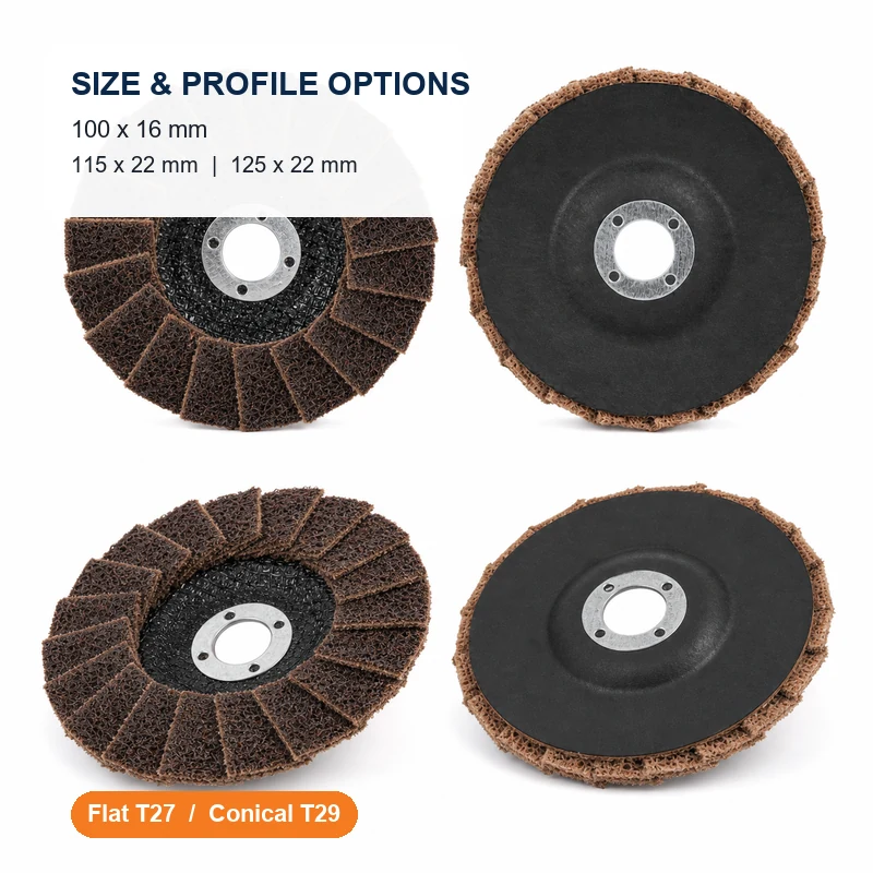 T27 flat and T29 conical non-woven flap disc profile options