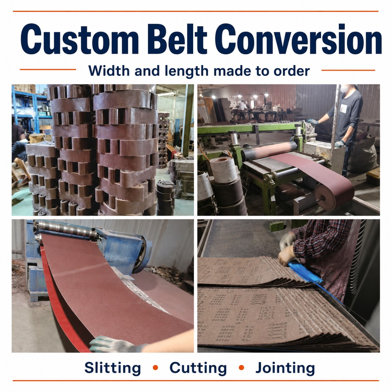 Custom sanding belt slitting cutting and joining process