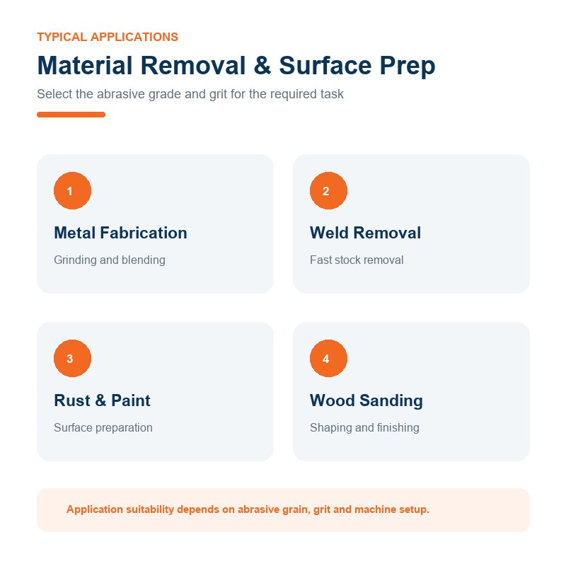 Typical material removal and surface preparation applications for vulcanized fibre discs