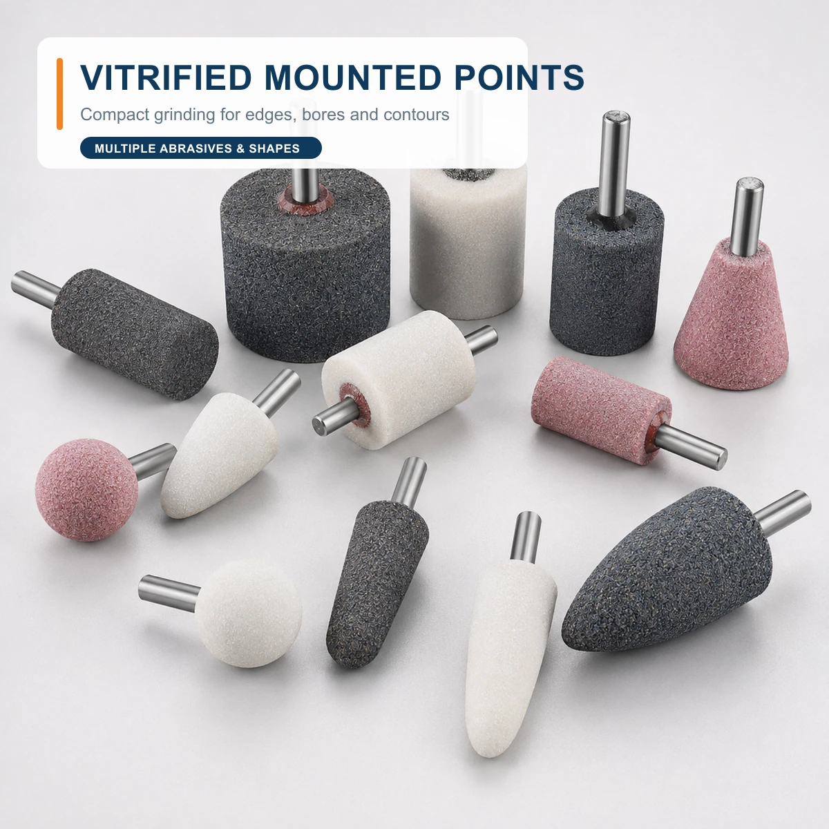 Vitrified mounted points in multiple colours, shapes and sizes