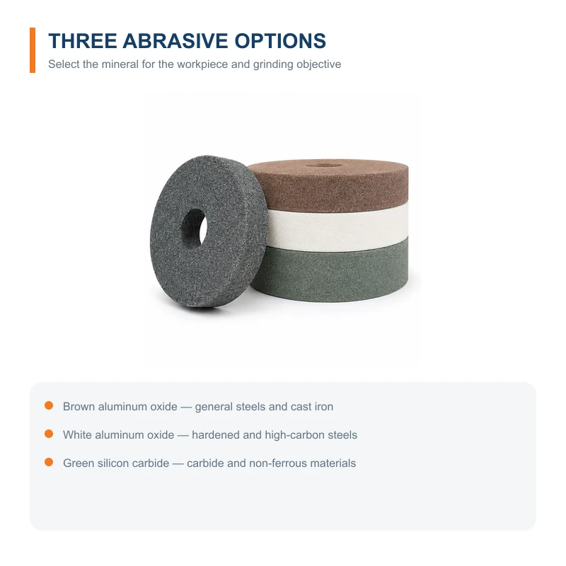 Brown, white and green vitrified straight grinding wheel abrasive options