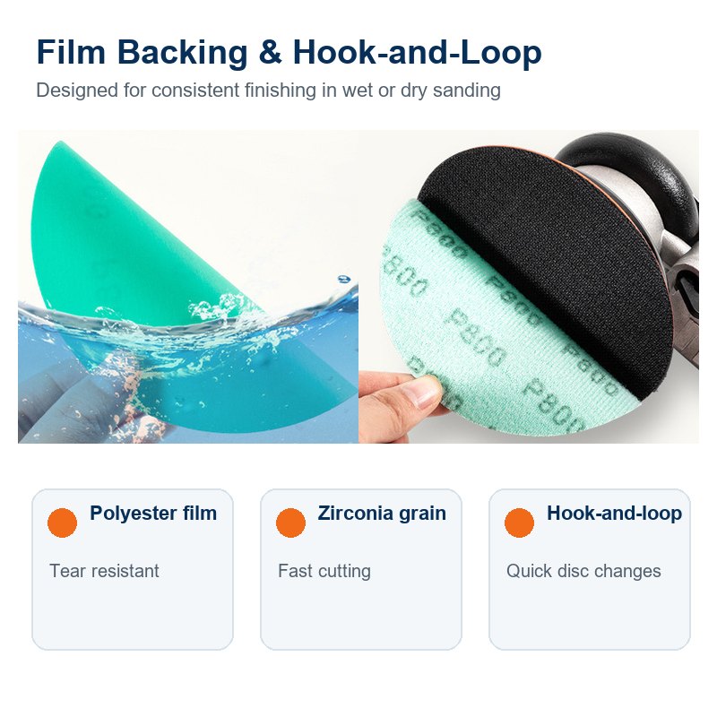 Polyester film backing and hook-and-loop attachment details for zirconia sanding discs