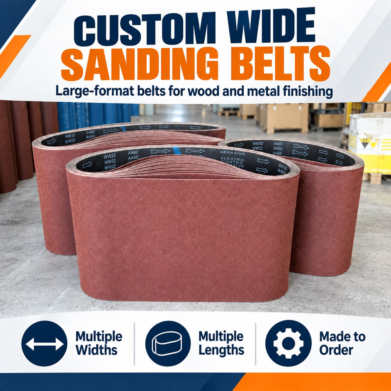 Custom wide sanding belts in multiple widths and lengths