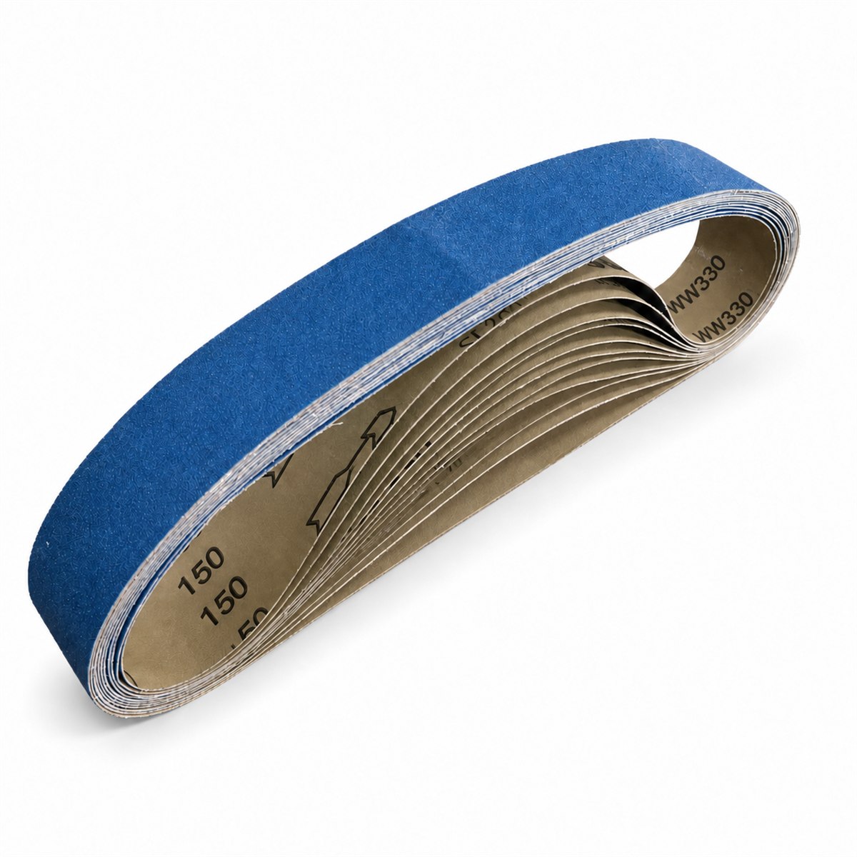 WW330 blue zirconia alumina sanding belts on a clean white background