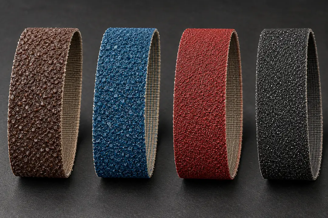 Four original abrasive belt samples representing aluminum oxide, zirconia alumina, ceramic alumina and silicon carbide