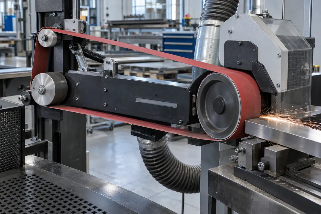 Red ceramic sanding belt grinding a stainless steel workpiece on an industrial belt grinder