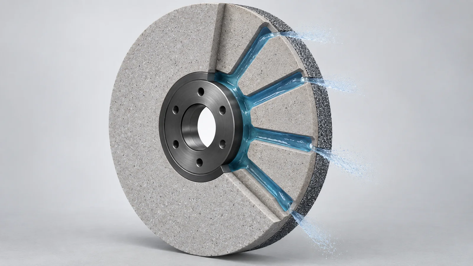 Engineering cutaway concept of a grinding wheel with internal coolant channels delivering fluid toward the abrasive rim