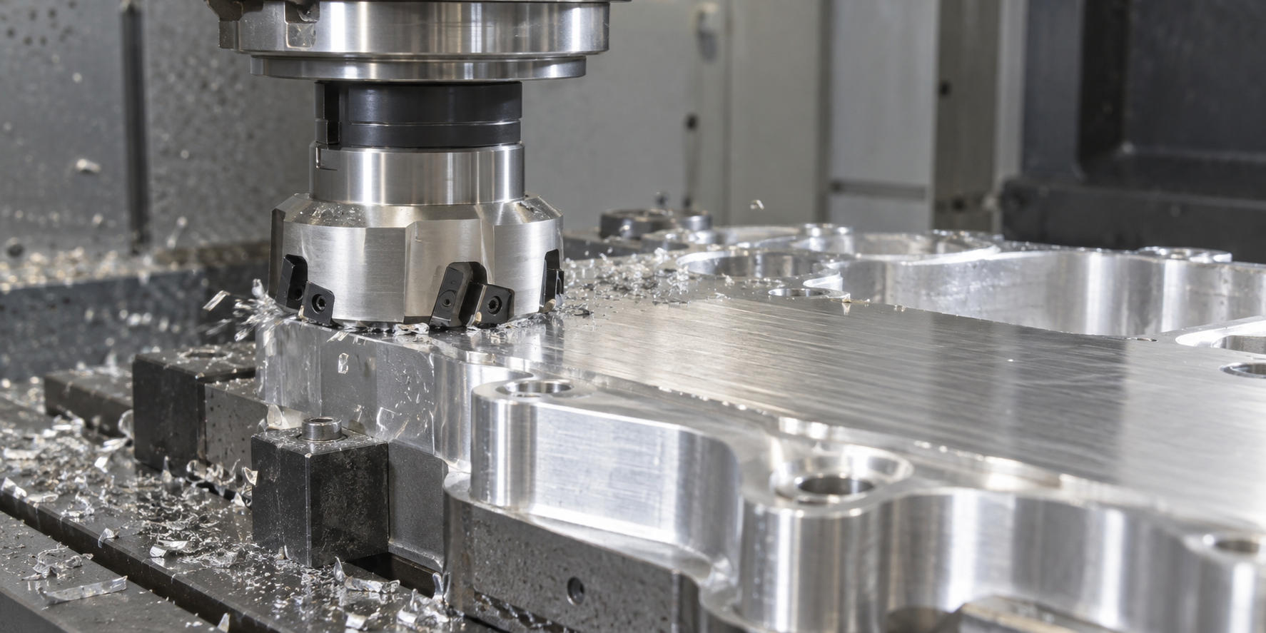 PCD cutting tools machining an aluminum component on a CNC machining center