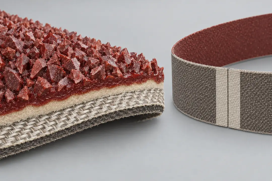 Cutaway of abrasive grain, resin coats and woven backing beside a taped butt joint