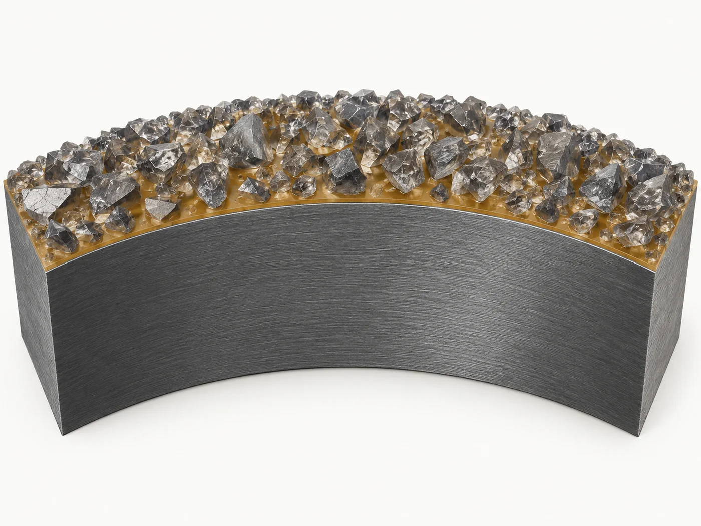 Technical cutaway showing superabrasive grains held in a bond layer on a metal grinding wheel core